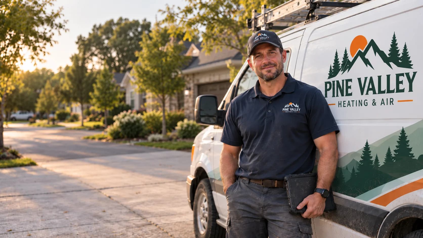 HVAC technician leaning against a branded service van on a residential street at sunset