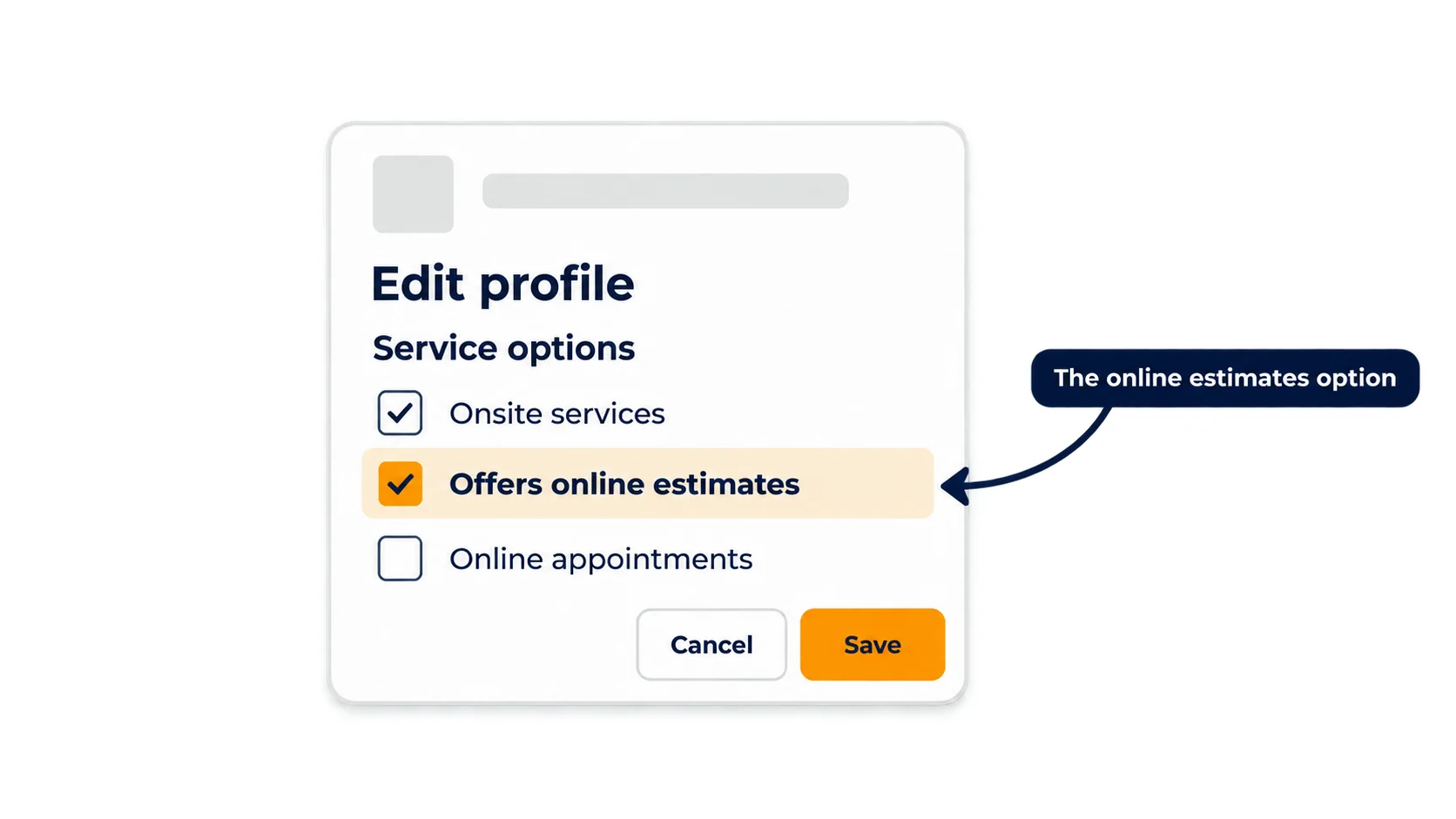 Illustration of the Google Business Profile service options editor with "Offers online estimates" checked and highlighted