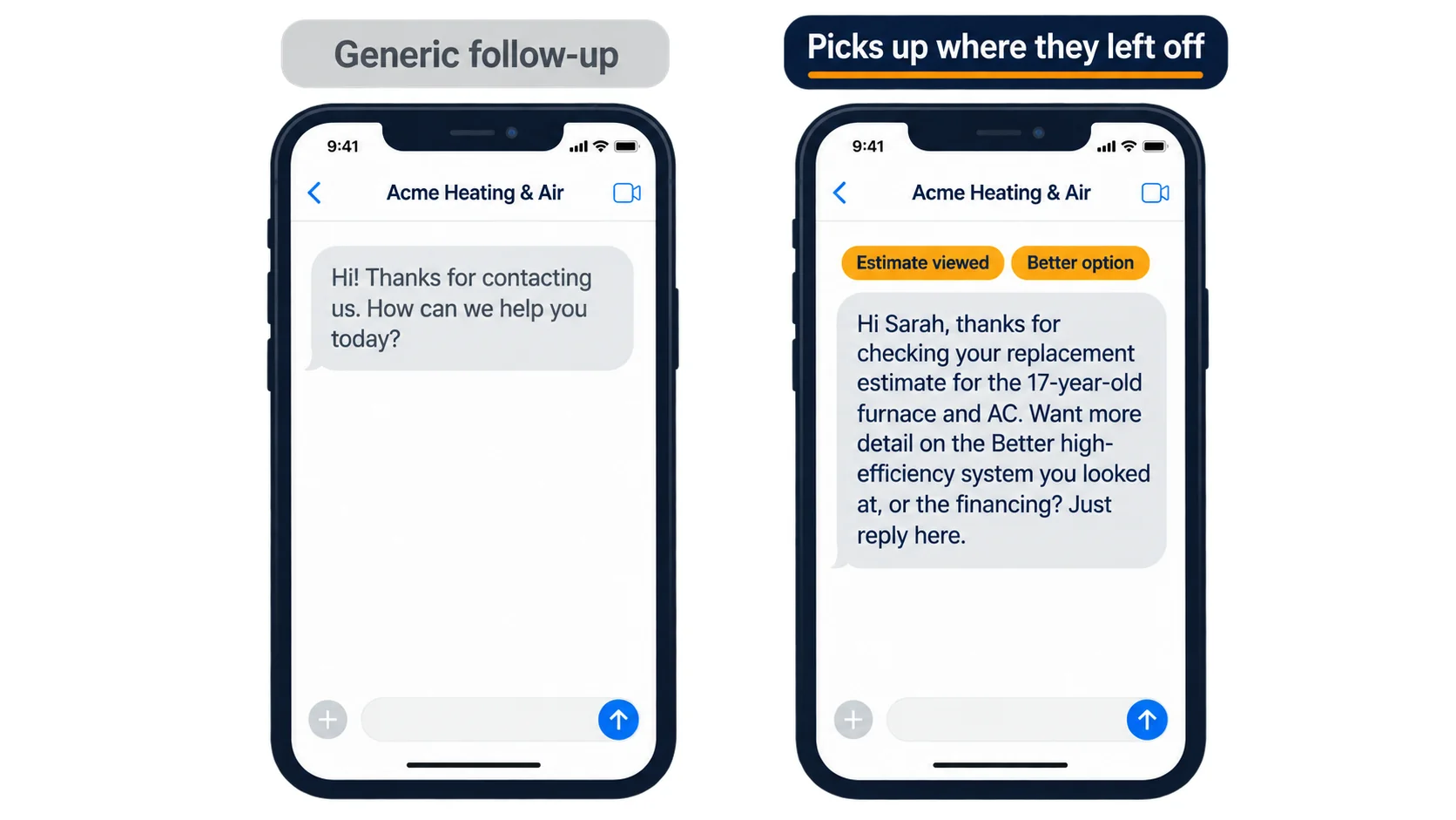 A generic "How can we help you today?" text next to one that references the homeowner's replacement estimate for a 17-year-old furnace and AC and the Better option she viewed