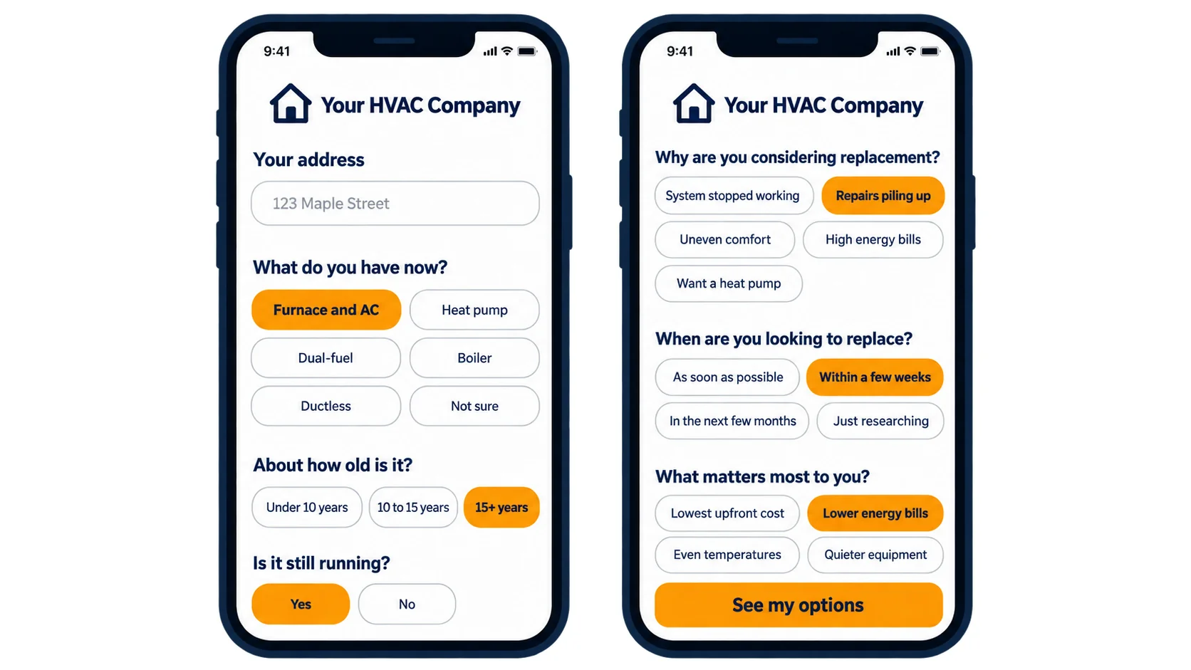 Two-screen mobile pre-qualification form asking for the home address, current system type, age and whether it's running, reason for replacement, timing, and what matters most