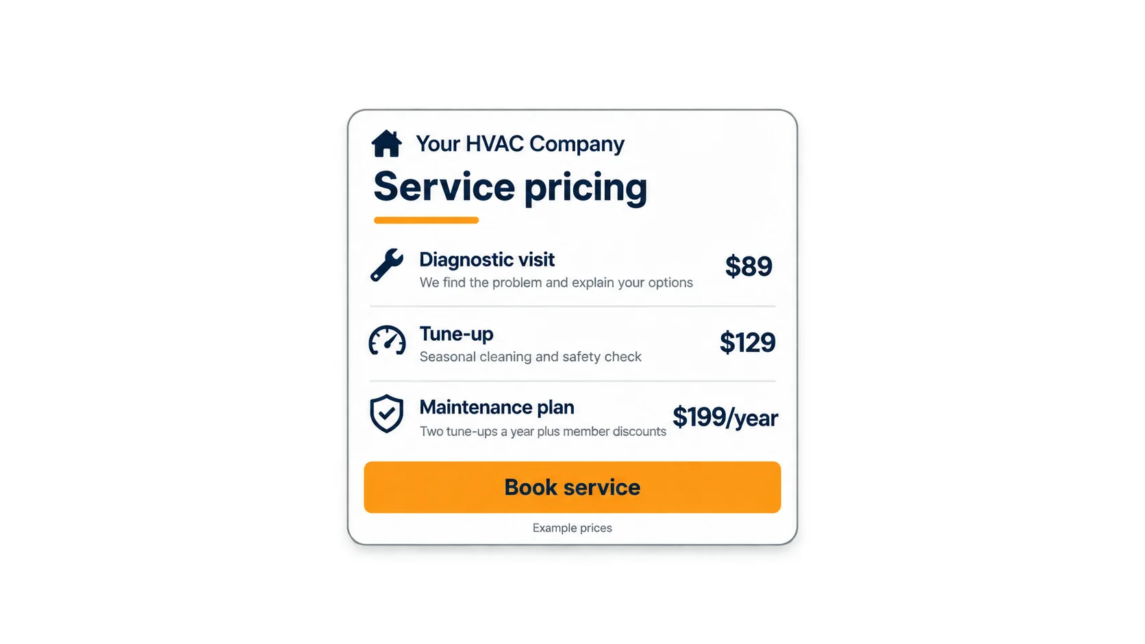 Example HVAC service price card: diagnostic visit $89, tune-up $129, maintenance plan $199 a year